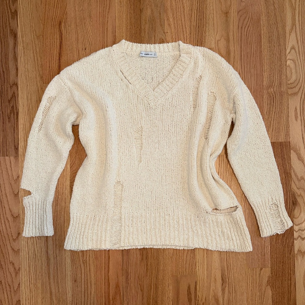 Zara Distressed Oversized Cozy Cream V-neck Knit Sweater